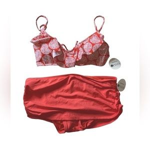 NWT Stylus 2 piece swim coral wide waistband covering bottom ruffle top medium